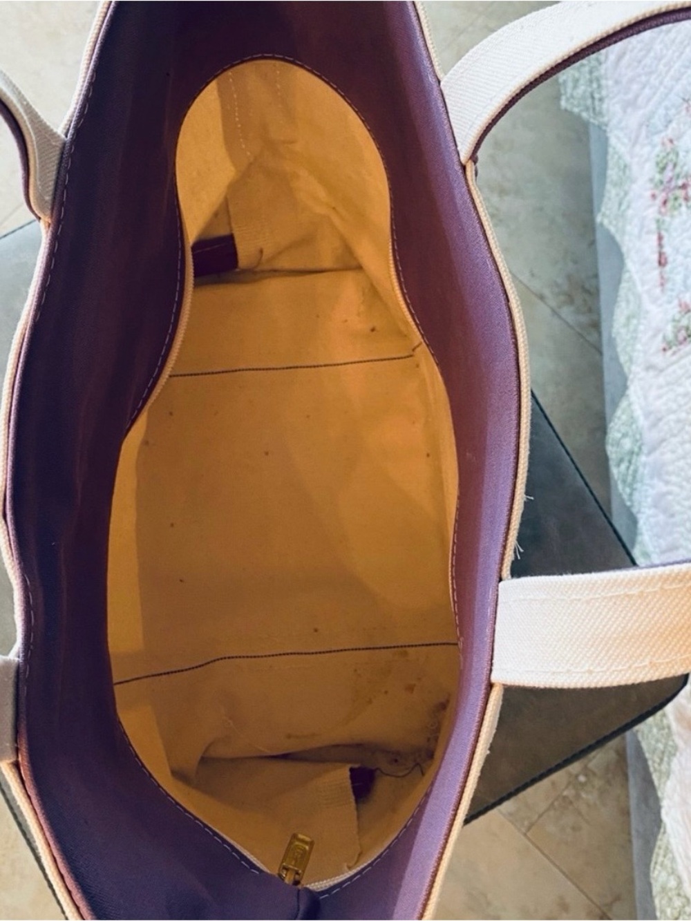 L.L. Bean Medium Cream and Purple Canvas Tote with Regular Handles - Picture 3 of 6